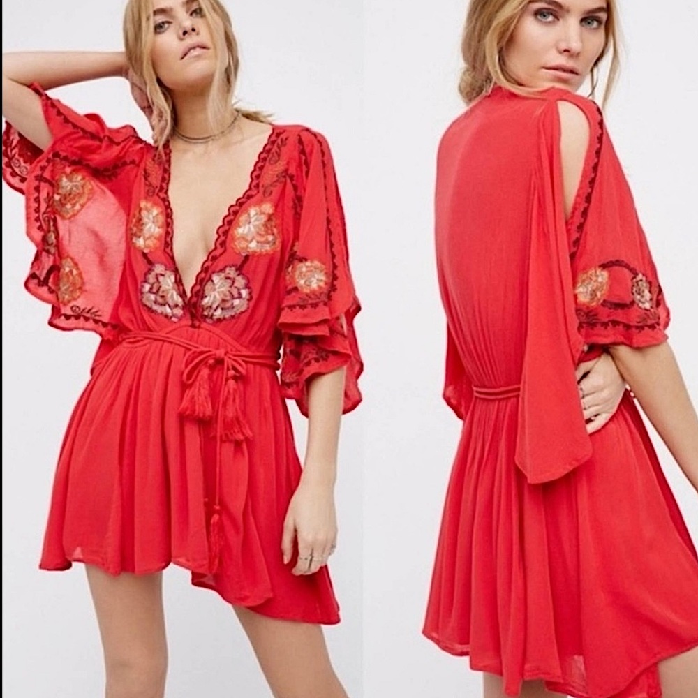 Free People Cora Embroidered Minidress in the color Coral Red